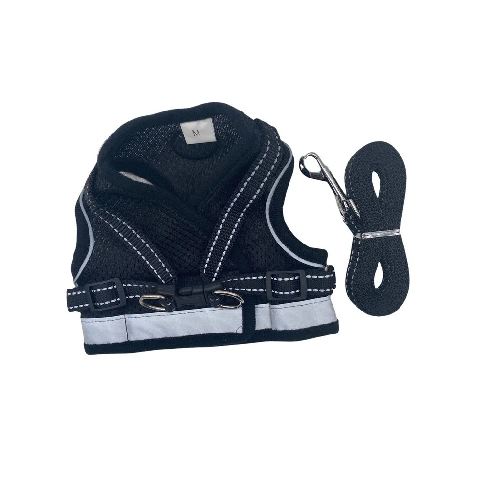 Pet Harness & Leash Set Adjustable Reflective Black & Gray Safety Vest Size M‎